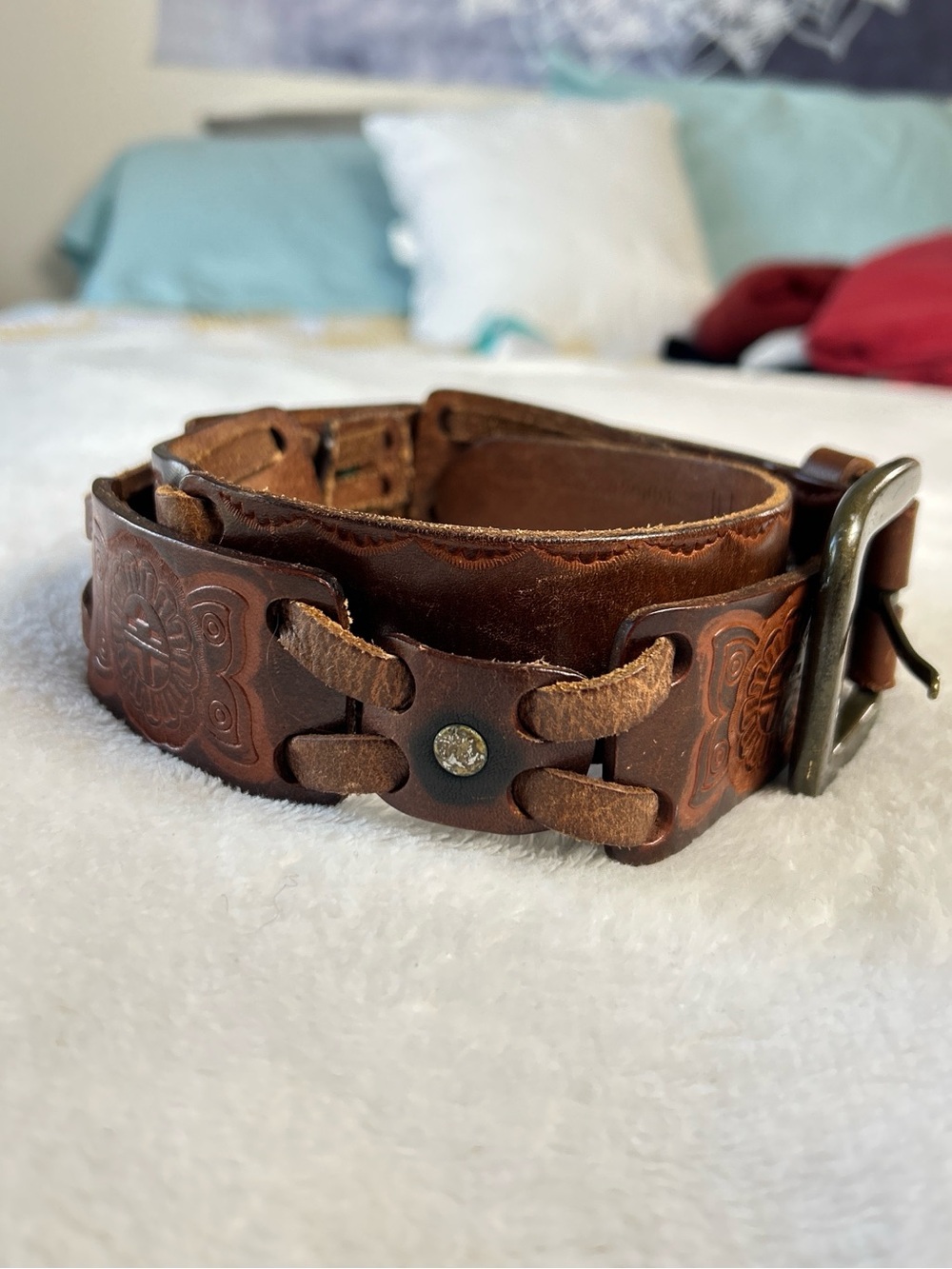 Fossil Tooled Leather Link Belt Southwestern Boho Large Size 34-38" - Picture 8 of 10